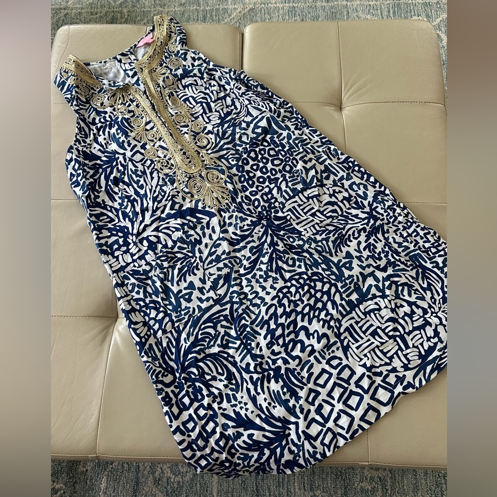 Lilly Pulitzer Blue and White Sundress with Gold Embroidery